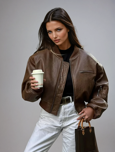 Cropped vintage bomberjack van imitatieleer voor dames 0