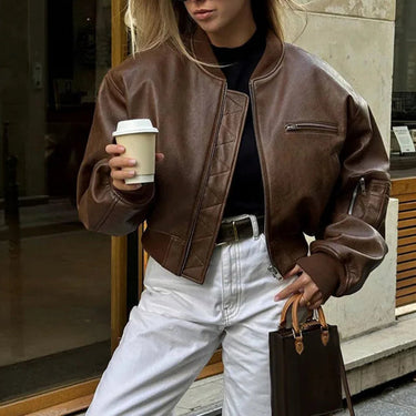 Cropped vintage bomberjack van imitatieleer voor dames 1