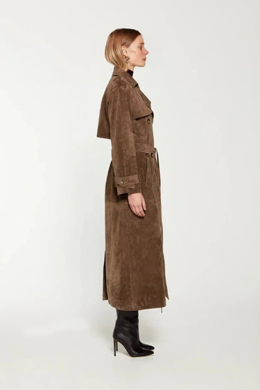 Dames maxi trenchcoat van vegan suède 1