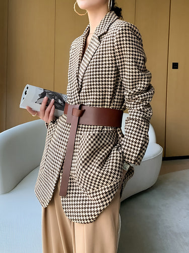 Dames pied-de-poule blazer met riem en splitzoom 3