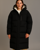 Lange gewatteerde jas met capuchon voor dames 0