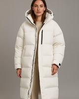 Lange gewatteerde jas met capuchon voor dames 1