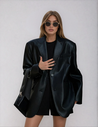 Oversized imitatieleren blazer voor dames met revers 0