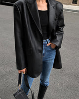 Oversized imitatieleren blazer voor dames met revers 2