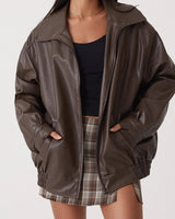 Oversized leren bomberjack voor dames met rits 6