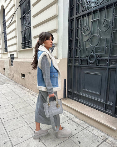 Vintage denim vest van schapenvacht voor dames 2